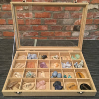 BIG!  Elegant Crystals Storage Box with 25 Partitions - *OPTIONAL CRYSALS* - Tempered Glass Top - Polyester - Ultimate Gift Set