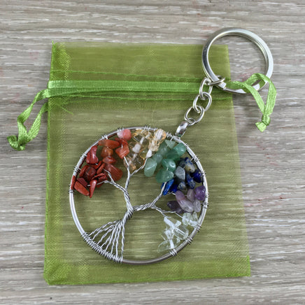 Tree of Life Keychain - Handcrafted with Genuine Stones - Red Jasper, Carnelian, Citrine, Aventurine, Sodalite, Amethyst, Clear Quartz