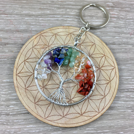 Tree of Life Keychain - Handcrafted with Genuine Stones - Red Jasper, Carnelian, Citrine, Aventurine, Sodalite, Amethyst, Clear Quartz