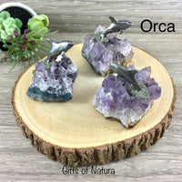 Pewter Figurine on Small Amethyst Cluster - Choose from Bear, Dolphin, Eagle, Orca, or Maple Leaf - Natural, Unpolished, SPARKLY - Calming