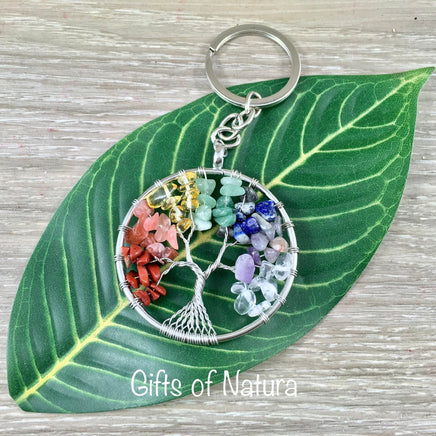 Tree of Life Keychain - Handcrafted with Genuine Stones - Red Jasper, Carnelian, Citrine, Aventurine, Sodalite, Amethyst, Clear Quartz