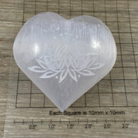 Puffy Selenite Heart - Engraved Lotus Flower - Smooth, Hand Polished - "Spiritual Activation" - Reiki Energy