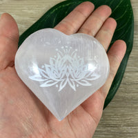 Puffy Selenite Heart - Engraved Lotus Flower - Smooth, Hand Polished - "Spiritual Activation" - Reiki Energy
