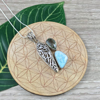 Lovely! Genuine Larimar and Green Amethyst Pendant - 925 Solid Sterling Silver - *Calming* - *Cooling* - *Soothing to Emotional Body*