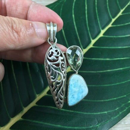 Lovely! Genuine Larimar and Green Amethyst Pendant - 925 Solid Sterling Silver - *Calming* - *Cooling* - *Soothing to Emotional Body*