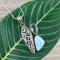 Lovely! Genuine Larimar and Green Amethyst Pendant - 925 Solid Sterling Silver - *Calming* - *Cooling* - *Soothing to Emotional Body*