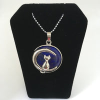 Silver Cat on the Moon Exquisite Gemstone Pendant - High Grade Amethyst, Rose Quartz, Aventurine, or Lapis Lazuli
