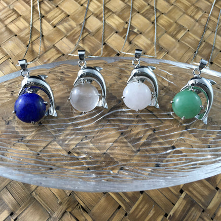 Silver Dolphin with Genuine Natural Gemstone Pendant including Chain - Lapis Lazuli, Clear Quartz, Rose Quartz, or Aventurine (FREE SHIP US)