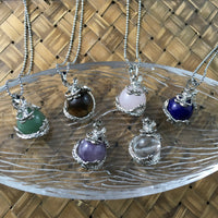 Silver Dragon Gemstone Sphere Pendant with 18" Ball Chain - Aventurine, Amethyst, Tiger Eye, Clear Quartz, Rose Quartz, Lapis