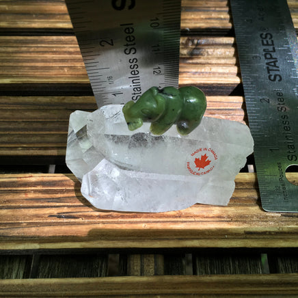 Genuine Nephrite Jade Bear on Big Clear Quartz Point - 100% Handcrafted, Genuine Crystals - Great Gift Idea