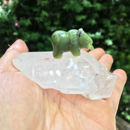 Genuine Nephrite Jade Bear on Big Clear Quartz Point - 100% Handcrafted, Genuine Crystals - Great Gift Idea