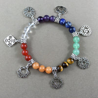 Genuine Handcrafted 7 Chakra Symbols Bracelet - REAL STONES - Unisex - Silver Plated Copper - Elastic