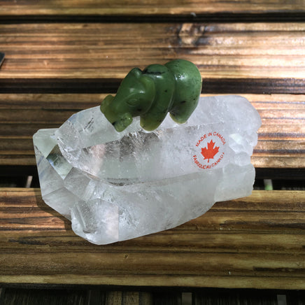 Genuine Nephrite Jade Bear on Big Clear Quartz Point - 100% Handcrafted, Genuine Crystals - Great Gift Idea