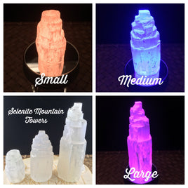 Selenite Mineral Tower + LED Color Changing Stand Option - 3 sizes to choose from - *SPIRITUAL ACTIVATION" - Reiki Healing