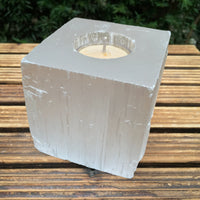 Hand Carved Selenite Tealight Candle Holder - Cube Style - "Spiritual Activation" - "Communion with Higher Self" - Reiki Energy