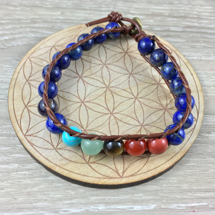 Lapis Lazuli Chakra Bracelet - Hand Braided - Leather Cord - Ohm Symbol - Superb Quality