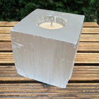 Selenite Tea Light Candle Holder - Cube Shape - Hand Carved - "Spiritual Activation" - "Communion with Higher Self" - Reiki Energy