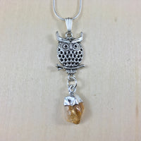 Silver Owl Pendant with Genuine Stones - Choose from Clear Quartz, Amethyst, Citrine - Reiki Energy