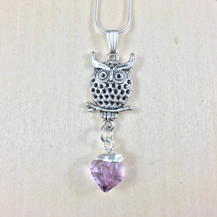 Silver Owl Pendant with Genuine Stones - Choose from Clear Quartz, Amethyst, Citrine - Reiki Energy