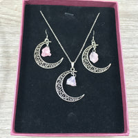 Crescent Moon Rose Quartz Jewelry Set - Earrings - Pendant - Silver Plated - *LOVE* - *EMOTIONAL HEALING* - Reiki Energy