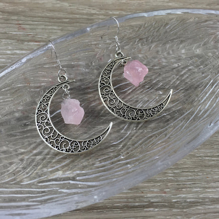 Crescent Moon Rose Quartz Jewelry Set - Earrings - Pendant - Silver Plated - *LOVE* - *EMOTIONAL HEALING* - Reiki Energy