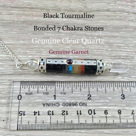 Black Tourmaline Wand Pendulum with Bonded 7 Chakra Stones - PURIFICATION - PROTECTION - Reiki Energy