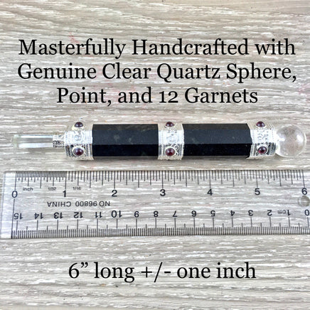 BIG 6" Black Tourmaline Healing Wand - Genuine Crystals - 12 Garnets - Clear Quartz Sphere & Point - Reiki Energy