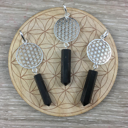 Black Tourmaline with Flower of Life Pendant - Dangle - Silver Plated - *Repels Negativity* - *PROTECTION* - Reiki Energy
