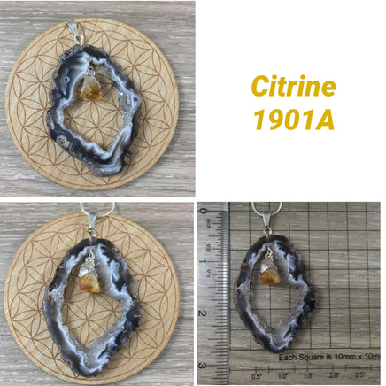 Agate Geode Slice with Gemstone Pendant!  YOU PICK!  One of a Kind - Electroplated - BONUS Black Cord