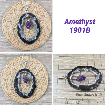 Agate Geode Slice with Gemstone Pendant!  YOU PICK!  One of a Kind - Electroplated - BONUS Black Cord