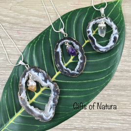 Agate Geode Slice with Gemstone Pendant!  YOU PICK!  One of a Kind - Electroplated - BONUS Black Cord
