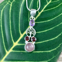 925 Sterling Tree of Life Pendant with Amethyst, Garnet, Rose Quartz - BONUS CHAIN! - Exquisite Design - Reiki Energy