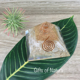 Selenite Orgone Pyramid with Flower of Life Design - 3" Square Base - Real Copper Coil Top - *Repels Negativity*
