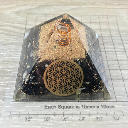 Black Tourmaline Selenite Orgone Pyramid with Flower of Life Design - 3" Square Base - Real Copper Coil Top - *Repels Negativity*
