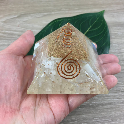 Selenite Orgone Pyramid with Flower of Life Design - 3" Square Base - Real Copper Coil Top - *Repels Negativity*