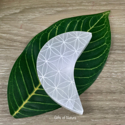 Selenite Moon - Engraved Seed of Life Mandala - Smooth, Hand Polished - Crystals Charger - "Spiritual Activation" - Reiki Energy