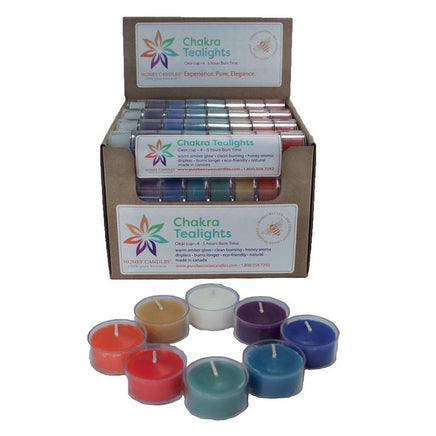 Pack of 8 Chakra Tealights - 100% Pure Beeswax Candles - ABSOLUTE BEST! - Handcrafted Western Canada - Bee Friendly - 4 to 5 hours Burn time