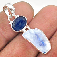 11.07cts Rainbow Moonstone & Blue Kyanite Pendant - 925 Solid Sterling Silver - Gorgeous Flash! - *MYSTERY* - *SELF-DISCOVERY* - *Intuition*