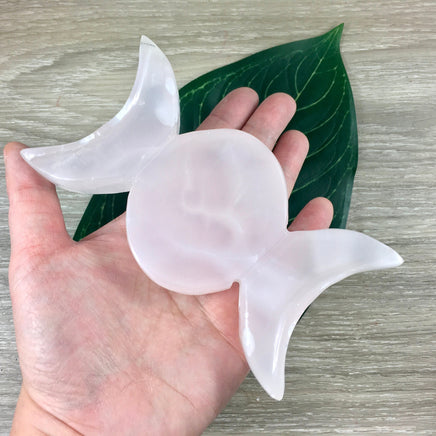 Pink Calcite Crescent Triple Moon Plate - Smooth, Polished, Natural- *Well-Being*, *Wholeness*, *Health*, *Empathy*, "Mind-Heart Connection"