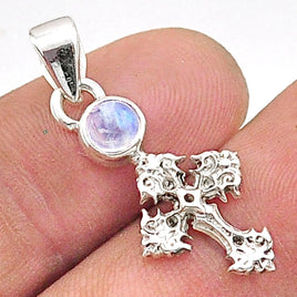 0.75 cts Rainbow Moonstone Cross Pendant - 925 Solid Sterling Silver - Gorgeous Flash! - *MYSTERY* - *SELF-DISCOVERY* - *Intuition*