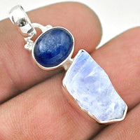 9.86cts Rainbow Moonstone & Blue Kyanite Pendant - 925 Solid Sterling Silver - Gorgeous Flash! - *MYSTERY* - *SELF-DISCOVERY* - *Intuition*