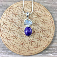 8.87cts Rainbow Moonstone & Charoite Pendant - 925 Solid Sterling Silver - Gorgeous Flash! - *MYSTERY* - *SELF-DISCOVERY* - *Intuition*