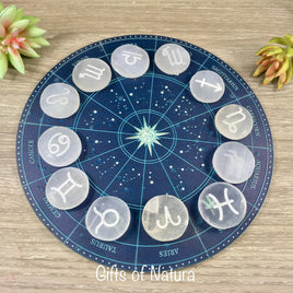 BIG! 7.75" Selenite Zodiac Grid with 12 Polished Selenite Palm Stones - *Spiritual Activation* - *Spirit Guide with Angels* * SERENITY *