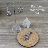 Rainbow Moonstone Set - Pendant + Earrings - 925 Solid Sterling Silver - "Native Moon" Design - *MYSTERY* - *SELF-DISCOVERY* - *Intuition*