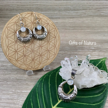 Rainbow Moonstone Set - Pendant + Earrings - 925 Solid Sterling Silver - "Native Moon" Design - *MYSTERY* - *SELF-DISCOVERY* - *Intuition*