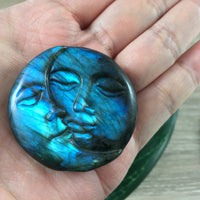 Flashy!  1.6"  Labradorite Spectrolite Medallion - Hand Carved Sun and Moon - *Stone of Magic* - Reiki Energy