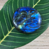 Flashy!  1.6"  Labradorite Spectrolite Medallion - Hand Carved Sun and Moon - *Stone of Magic* - Reiki Energy