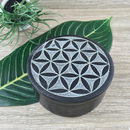 3"  Flower of Life Box - Handcarved from Black Soapstone - Beautiful Etched Design - Crystal Box / Storage - Jewelry Box / Storage